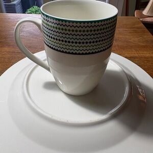 Cynthia Rowley White Mug with Green and Black Zigzag Band